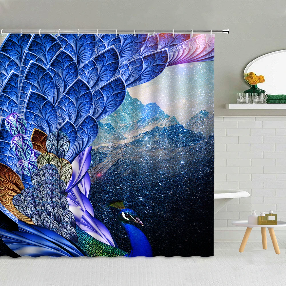 Blue Peacoks Mountain Scenery Tende Da Doccia Bird Feather Flower Butterfly Owl Map Tessuto Impermeabile Bath Decor Ganci Tenda