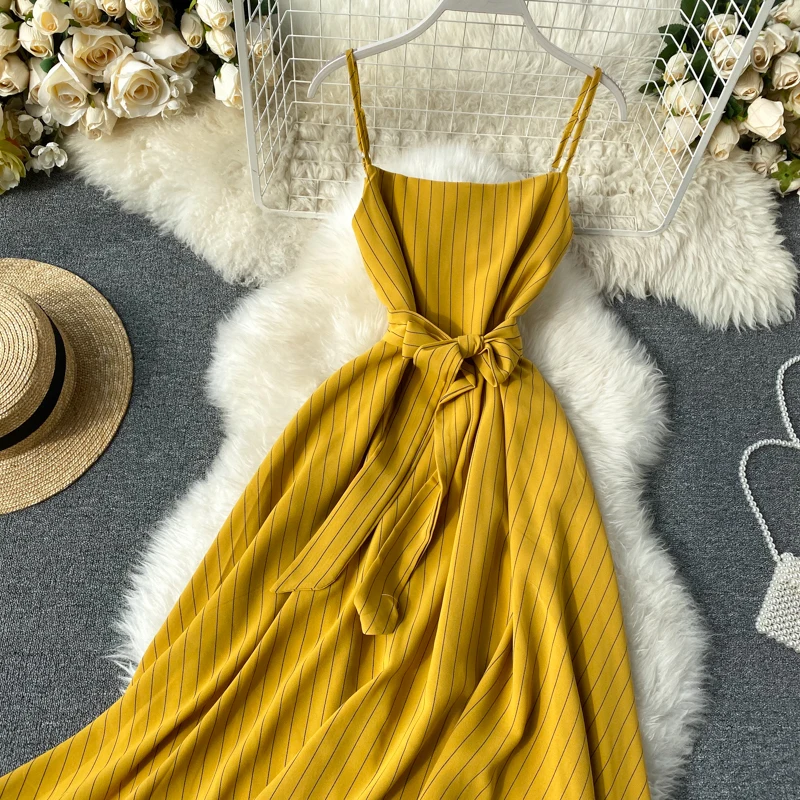 2020 Vintage Slim sexy striped Print bandage Dress summer midi spaghetti strap dress Party Women beach a-line vestido de festa