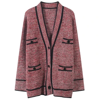 

Runway Winter V-Neck Striped Cardigan Knitted Sweater Women Coat Pockets Female Jumper Single Breasted Streetwear Pull Femme