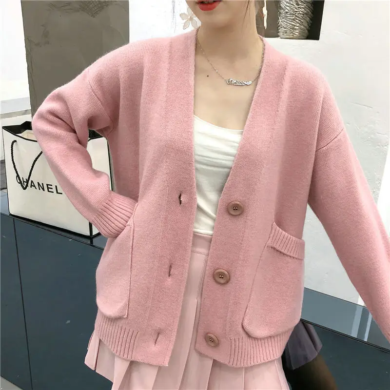 

2019 Autumn Women Knitted Cardigan Solid Color Pockets Solid Color Cardigan V-Neck Long Sleeve Mori Girl Casual Soft Sweater