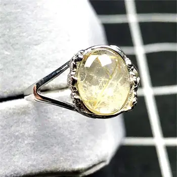 

12mm Top Natural Gold Rutilated Quartz Ring Jewelry For Woman Man Crystal Round Beads Silver Gemstone Adjustable Ring AAAAA