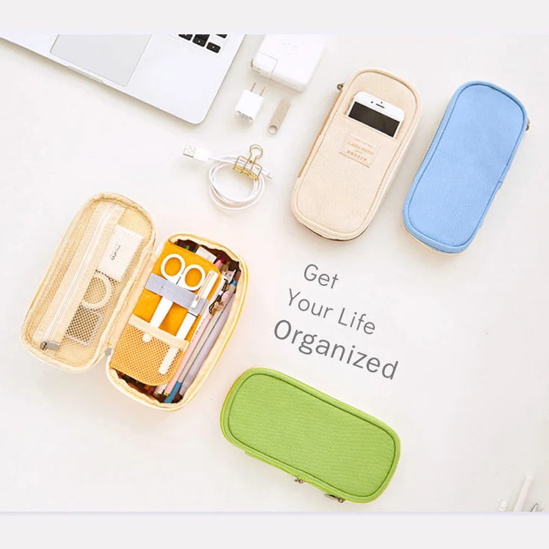 

Telescopic Macaron Color Pencil Case Large Capacity Zipper Canvas Makeup Stationery ING-SHIPPING