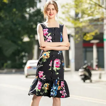

European Grand Prix 2020 nian Summer Fashion Show New Women's Temperament Slim Fit Strap Tail Print Dress Tide
