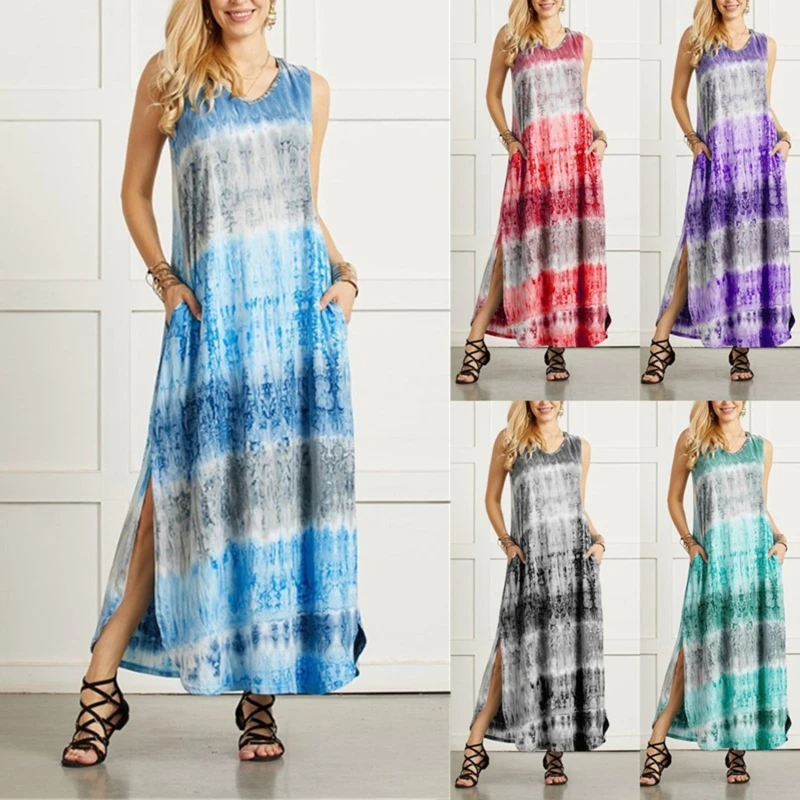 Women’s Striped Sleeveless Long Dress,Summer V-Neck Split Slim Irregular Swing Beach Dresses