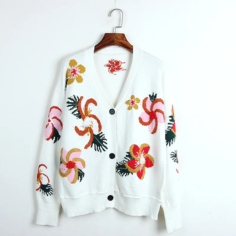 

Women Sweater Floral Embroidery Knit Cardigan Autumn Winter Casual Outerwear Long Sweater 2019 V-neck Cardigans White Black