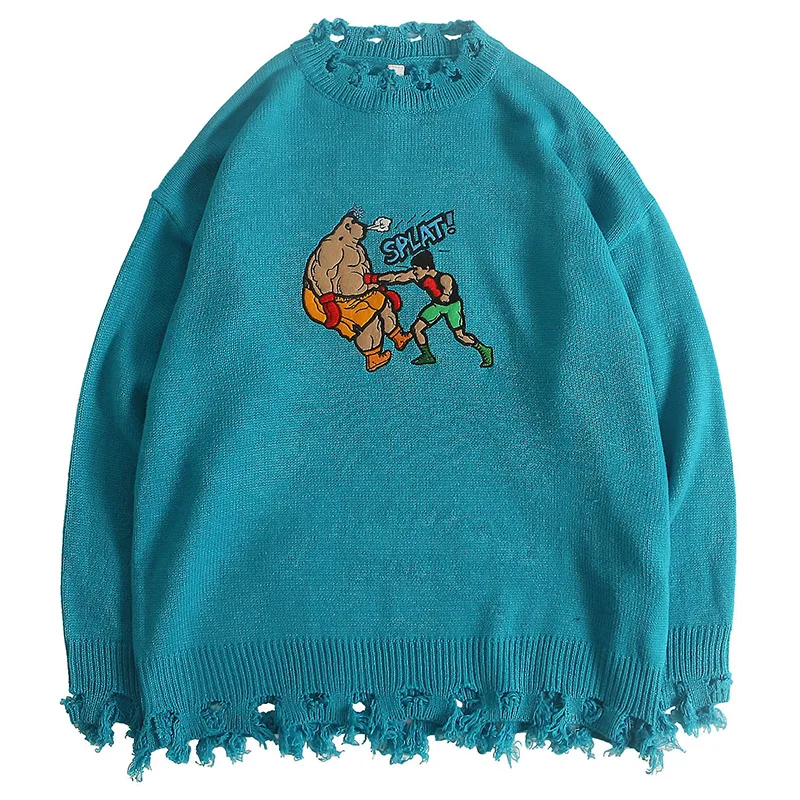 Aolamegs свитер Мужской Забавный мультфильм вышивка мужской s пуловер сломанный о-образный вырез хип хоп стиль Вязаный высокий уличный осенний уличная