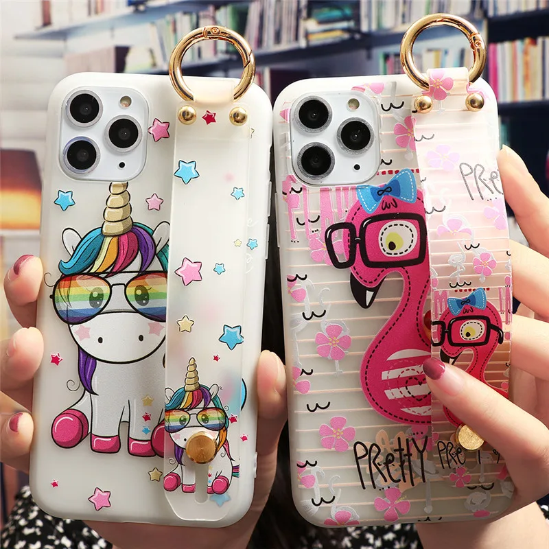 TPU Wrist Strap Frosted Case For Iphone 12 11 Pro X XS MAX XR 7 8 6 Plus 5 5S Cute Cartoon Phone Holder Coque For Iphone SE 2020