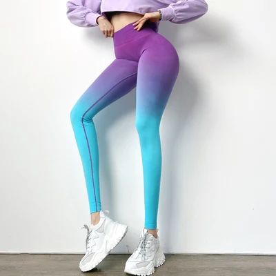 Gradient Color Energy Legging Women Workout Fitness Jogging Running Leggings Gym Tights Stretch Sportswear Yoga Pants Blue purple