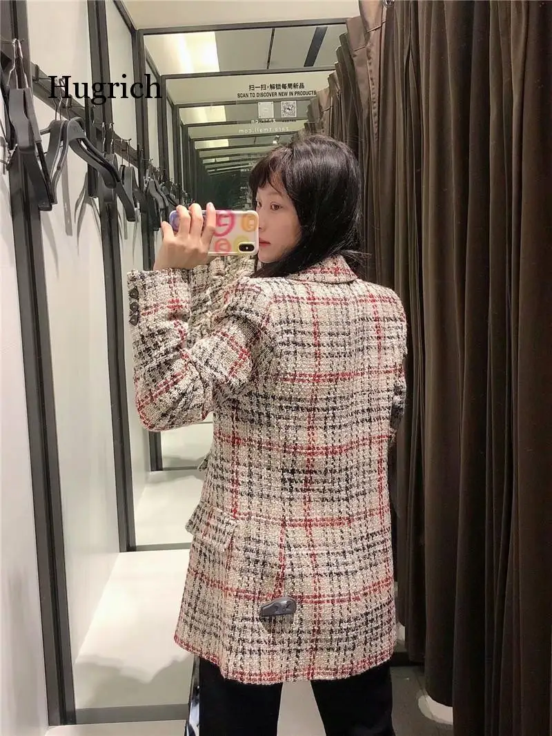 Women 2021 Fashion Double Breasted Tweed Check Blazers Coat Vintage Long Sleeve Pockets Female Outerwear Chic Tops