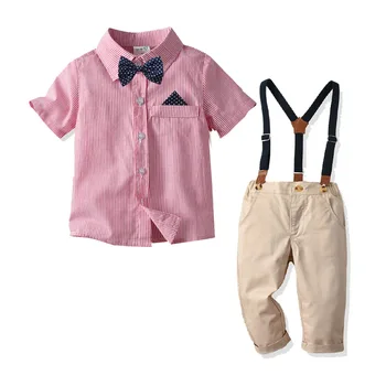 

Autumn 2019 New Short Sleeve Striped Shirt, back belt, trousers, bow tie, 4-piece children's gentleman suit