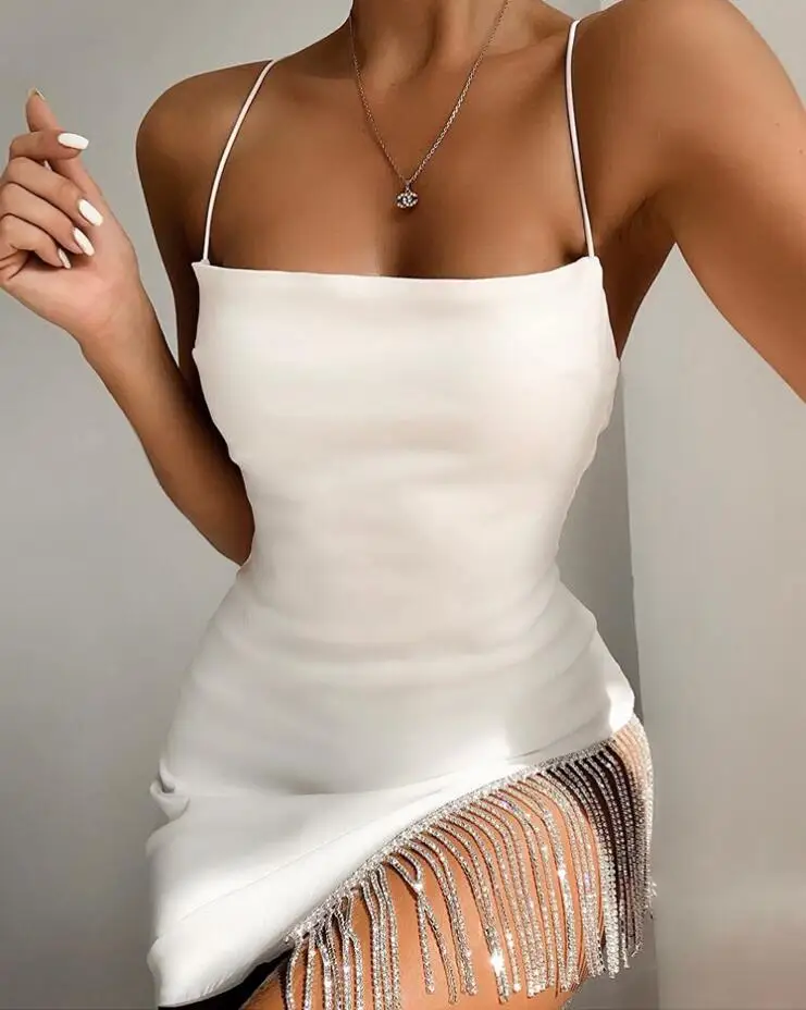 

2019 Vestidos Women Sexy Designer Tassel White Mini Dress Celebrity Bling Night Club Party Dress