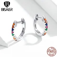 Brincos do parafuso prisioneiro BISAER Venda Hot 925 Sterling Silver Rodada Círculo Mulheres Brincos Coloridos Zircão Cúbico Jóias de Prata Da CZ ECE721(China)