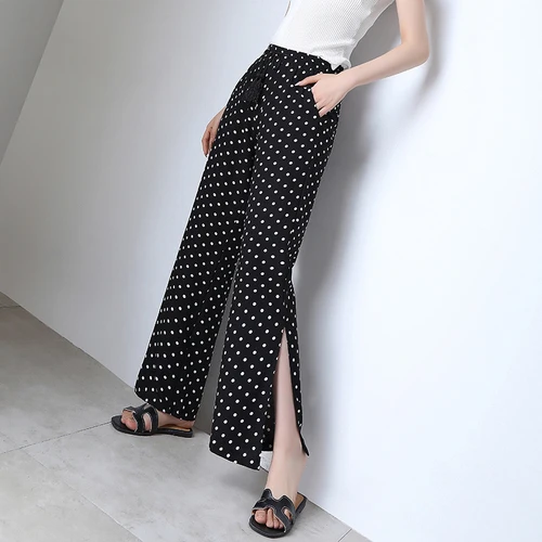 

Chiffon Loose Pants Women Summer 2019 Korean Style Vintage Polka Dot Side Slit Drawstring High Waist Wide Leg Pants Black B191