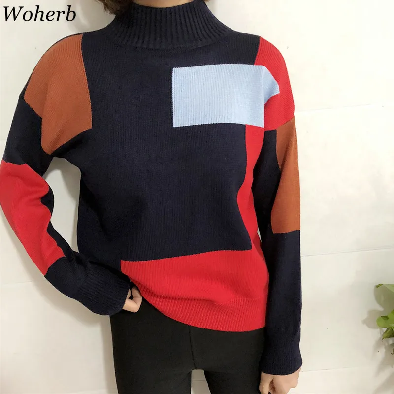 Woherb Pull Femme Лоскутные контрастные цвета Половина Водолазка с длинным рукавом Пуловеры Свитера повседневные винтажные вязаные топы джемперы 91269