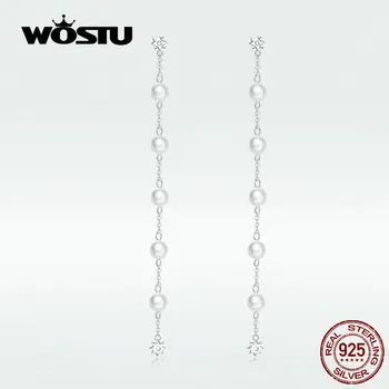 

WOSTU 100% Real 925 Sterling Silver Drop Earrings Hot Fashion Simple Pearls Long Tassels Earrings Making Gift For Women BNE185