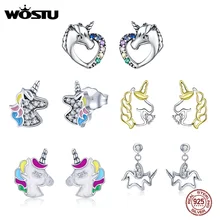 WOSTU 925 пробы серебряные серьги-гвоздики с единорогом, разноцветные свадебные серьги для женщин, модные серебряные 925 ювелирные изделия