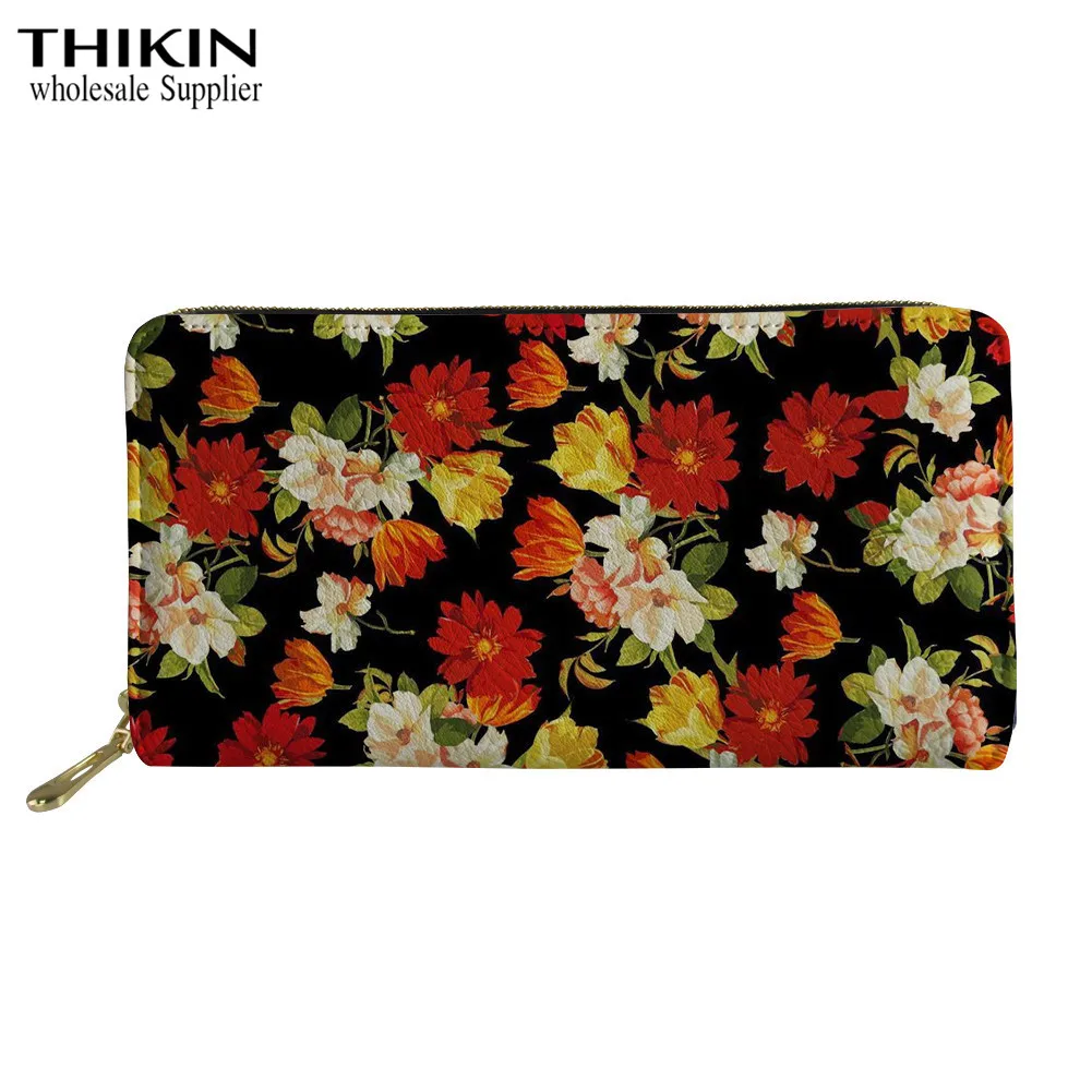 

THIKIN Colorful Floral Pattern Fashion Women Wallets Long Style Multi-functional Wallet Purse Leather Female Clutch Card Holder