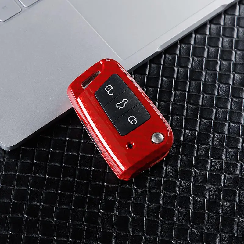 Carbon Fiber Red Металлический чехол из углеродного волокна для автомобильных ключей, 3 кнопки для Volkswagen VW Golf 7 MK7 Tiguan Touran, аксессуары для Skoda Octavia - Название цвета: Carbon Fiber Red