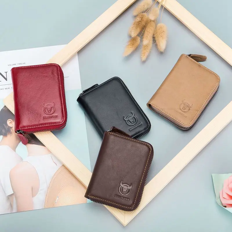 BULLCAPTAIN Genuine Leather Men Wallet Card Pack Zipper Card Case Holder Credit Card Bag Short Coin Purse