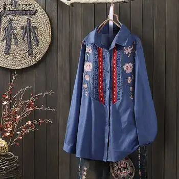 

Vintage Embroidery Blouse ZANZEA Women Denim Blue Shirt Casual Autumn Lapel Neck Long Sleeve Tops Buttons Blusas Mujer Chemise