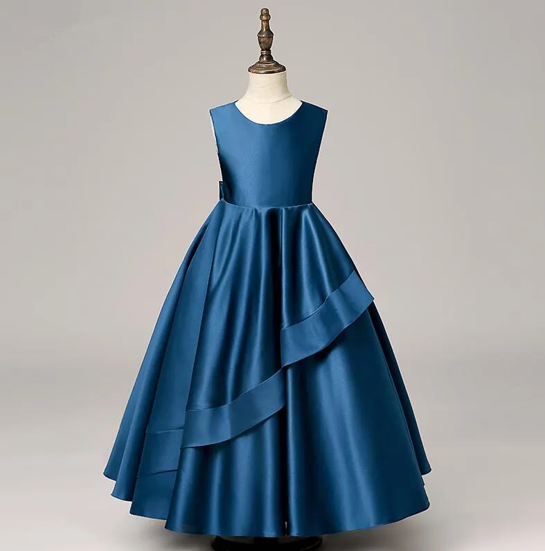 Атласное романтическое платье с бантом и цветочным узором для девочек на свадьбу, банкет вечернее платье принцессы для девочек длинное бальное платье для девочек, платье для первого причастия