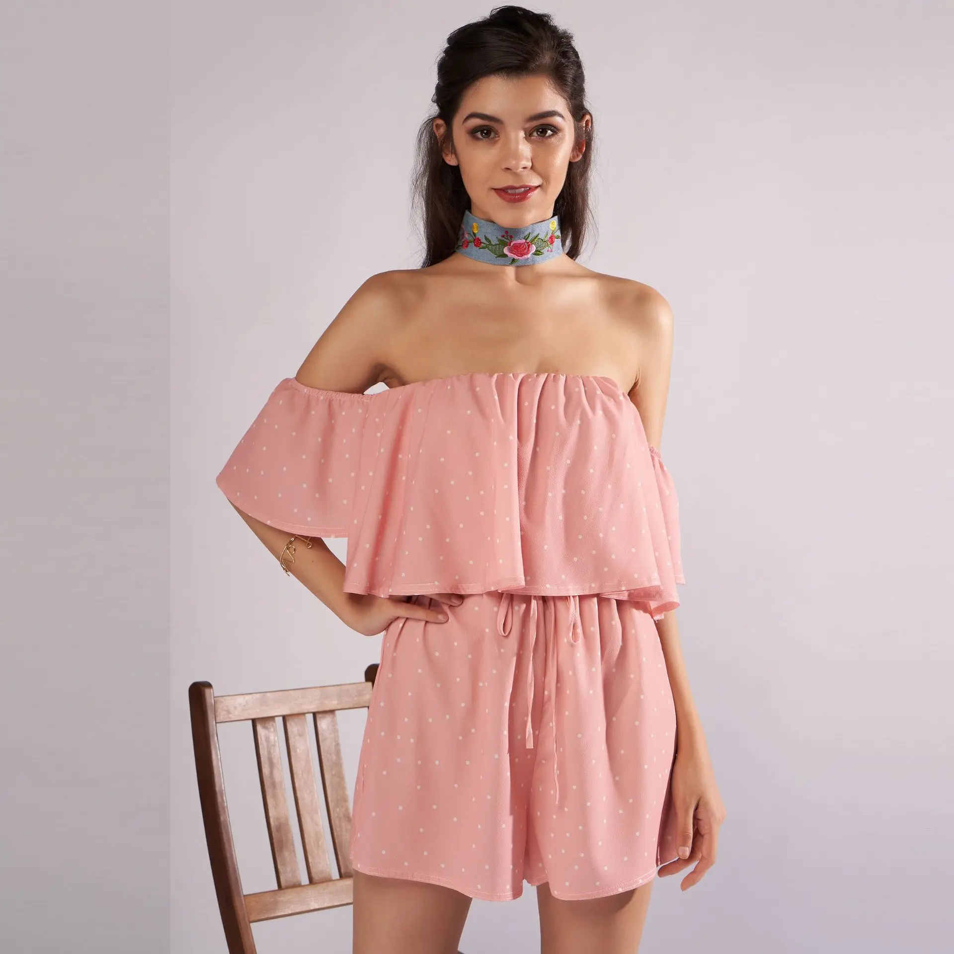 

Korean Women Summer Off Shoulder Ruffles Jumpsuit Casual Loose Beach Party Backless Wide Leg High Waist Shorts Rompers Playsuit