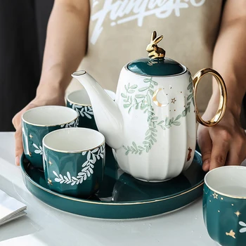 

6pcs Japanese Art Ceramic Kung Fu Tea Set Fruit Teapot Set with Tray Modern Minimalist Home Office Afternoon Tea Coffee Cup Gift