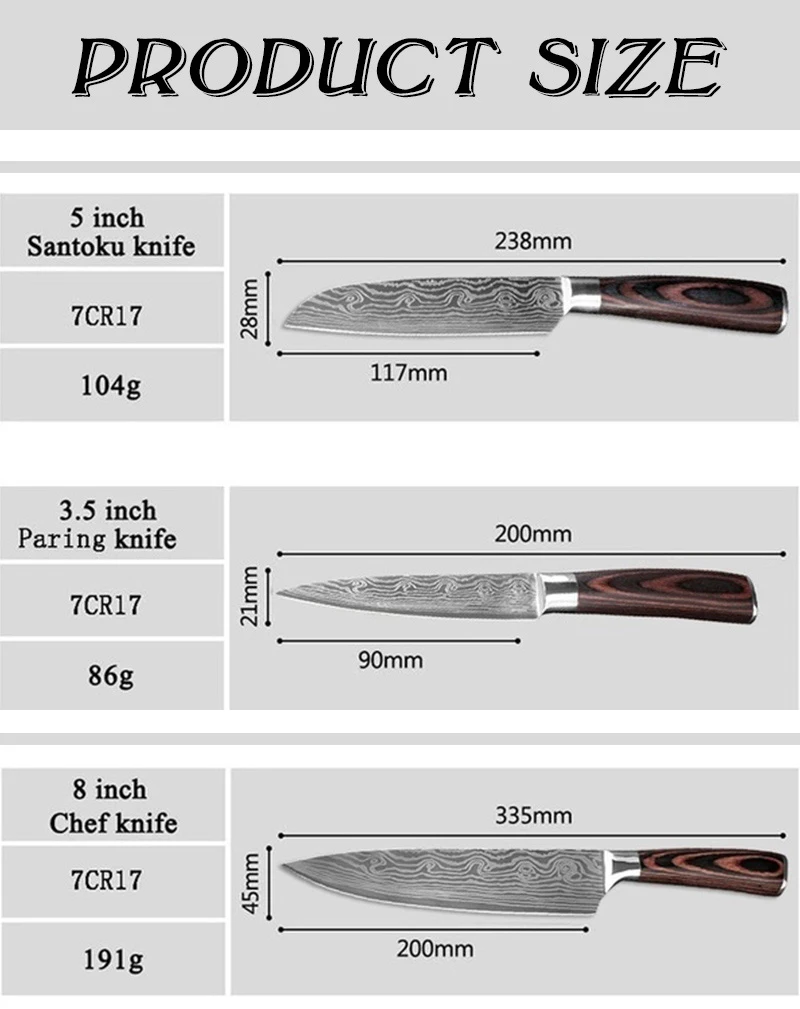 Набор кухонных ножей, лезвия из нержавеющей стали, дамасский лазерный нож шеф-повара, 3 шт., 3," 5" " дюймов, Santoku, кухонные инструменты, аксессуары