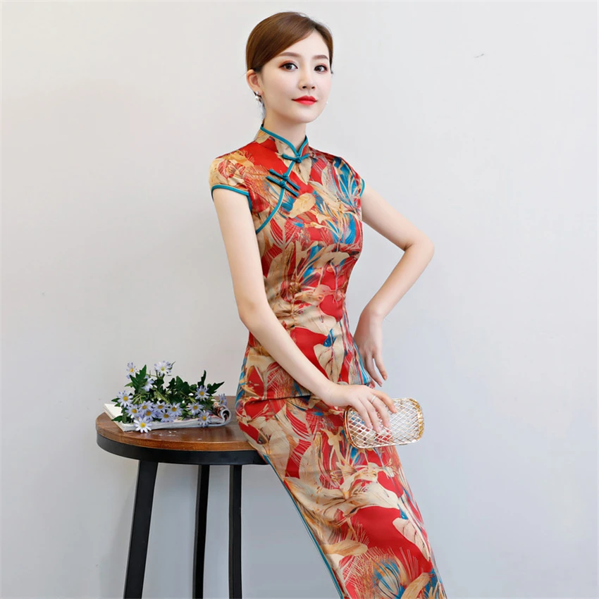 Cheongsam китайское платье винтажное с цветочным принтом женское традиционное Qipao длинный халат атласный шелк короткий рукав вечерние новогодние Wediing