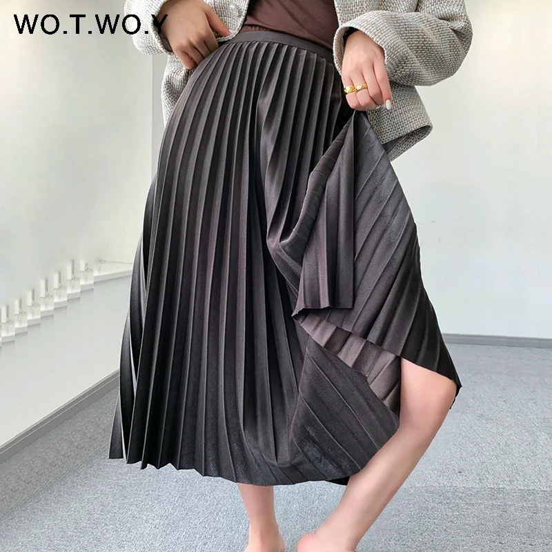 

WOTWOY Autumn Casual Pleated Women Skirt 2019 Straight Mid-Calf Long Black Skirts Women Elegant Soft Touching Women Clothes