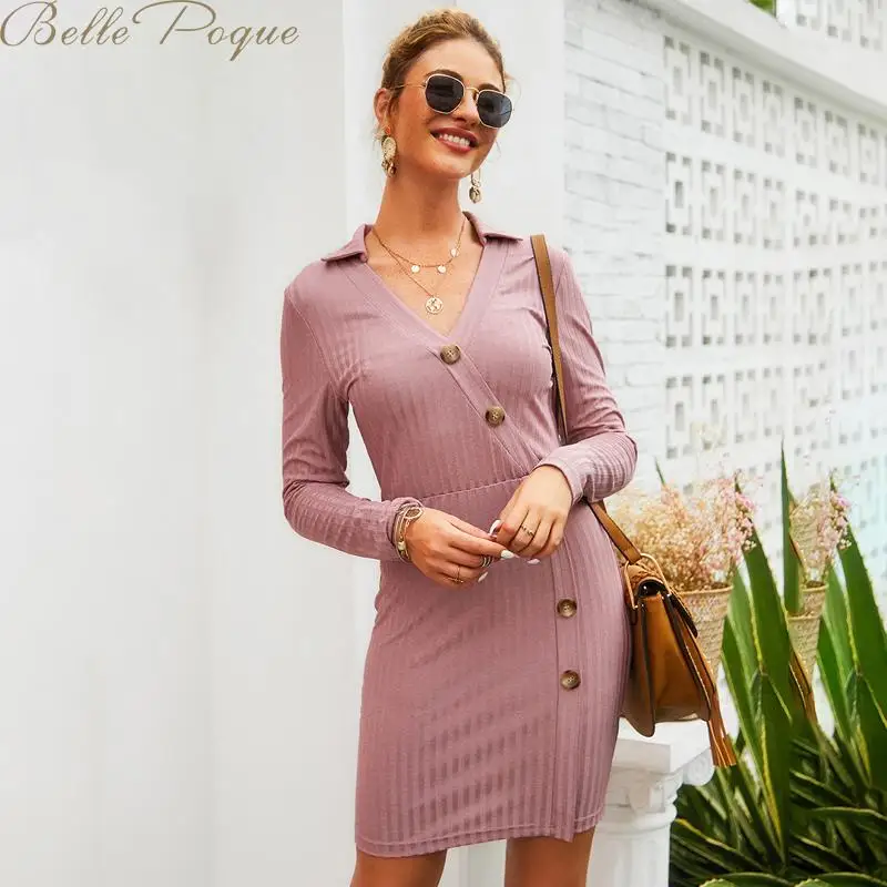 

Belle Poque Button V Neck Dresses Sexy Slim Long Sleeve Dress Elegant Bodycon Dresses Female 2019 Autumn Vestidos