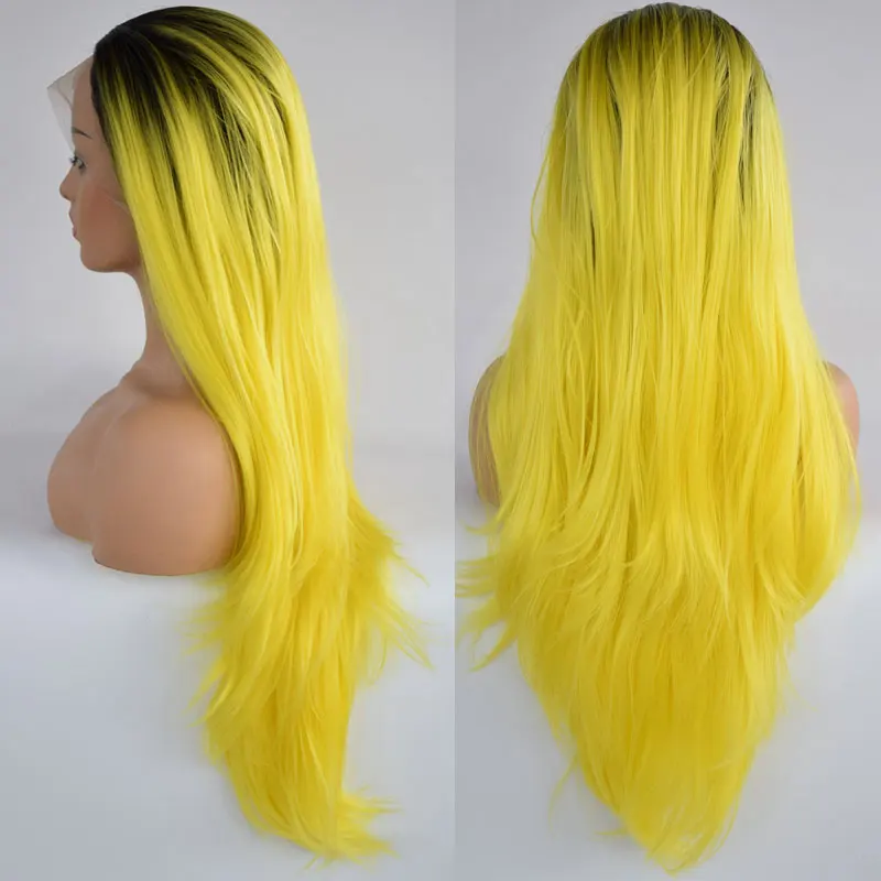 BM Synthetic 13*3 Lace Front Wig Black Roots Ombre Yellow Straight Heat Resistant Fiber Hair Natural Hairline For Women Wigs