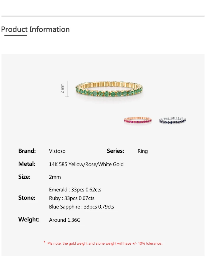 VISTOSO Pure 14K White/Rose/Yellow Gold Ring For Women Blue Sapphire/Ruby/Emerald Simple Style Eternity Ring Gift Fine Jewelry