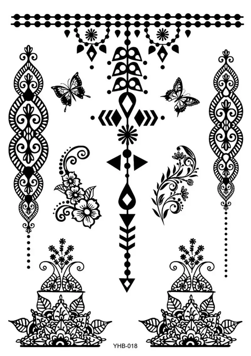 30 дизайнов, черные трафареты для татуировок хной воды для ног, рук, рук, тела, поддельные, водонепроницаемые, цветок, птица, большие, кружевные наклейки