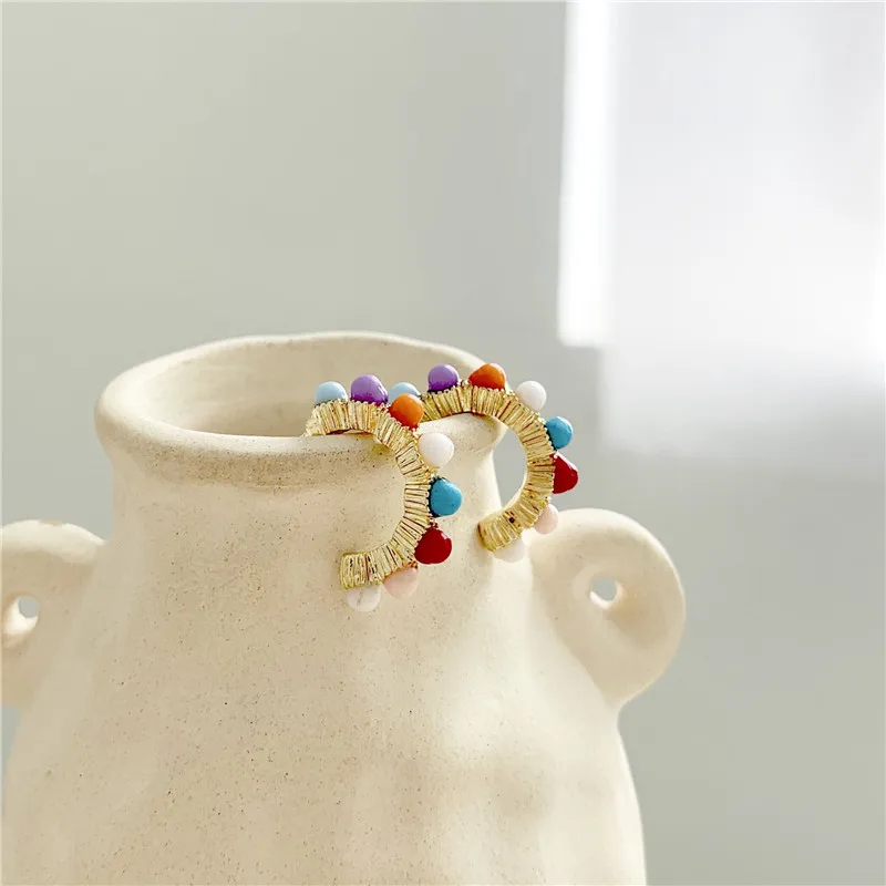 

Boho Style Candy Color Beads Geometric Small C Cute Stud Earrings for Women Accessories Fashion Bohemian Ethnic Jewelry
