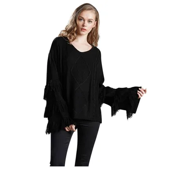 

Women Sweaters Fall 2019 Plus Size Sexy Women's Loose Long Sleeve V-Neck Tassel Solid Color Warm Sweatshirt Blouse Tops K926