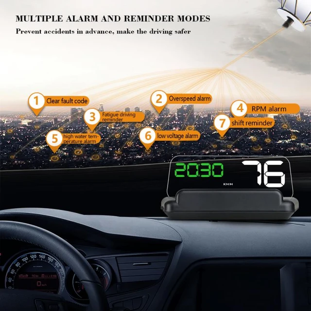 Affichage tête haute de voiture, compteur de vitesse HUD de 8,9 cm,  projecteur de pare-brise de paramètre automobile, réflexion d'image  virtuelle, avertissement de survitesse, compatible avec système OBD2 :  : Électronique