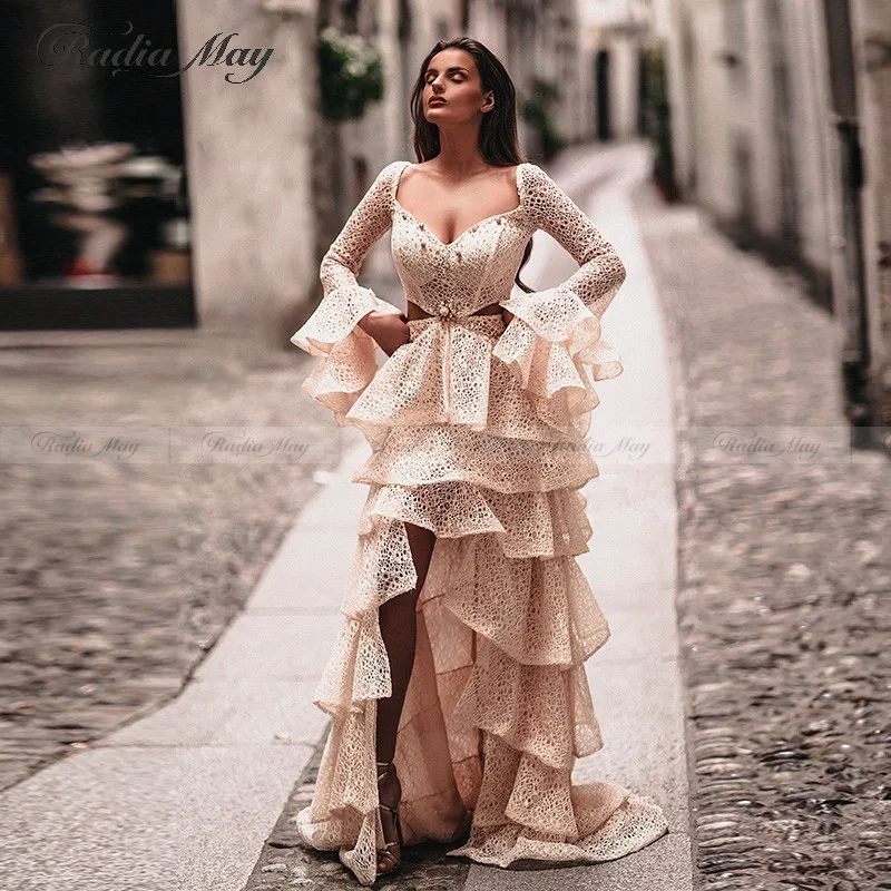 

2k20 Pink Lace High Low Two Pieces Prom Dresses Long Sleeves Tiered Ruffles African Formal Gala Dress Graduation Evening Gowns