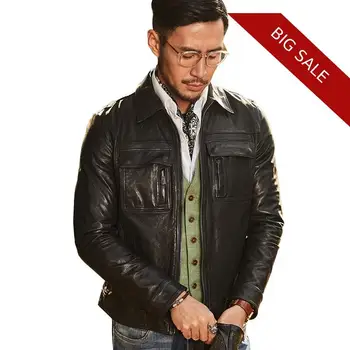 

2020 Black Men Slim Fit Fashion Casual Leather Jacket Large Size XXXL Genuine Thin Sheepskin Spring Short Young Men Leather Coat