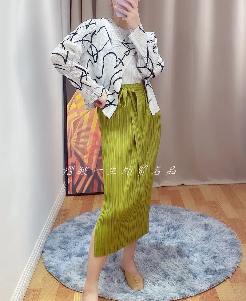 

HOT SELLING Miyake fold turn-down collar long sleeve geometric print open stitch coat IN STOCK