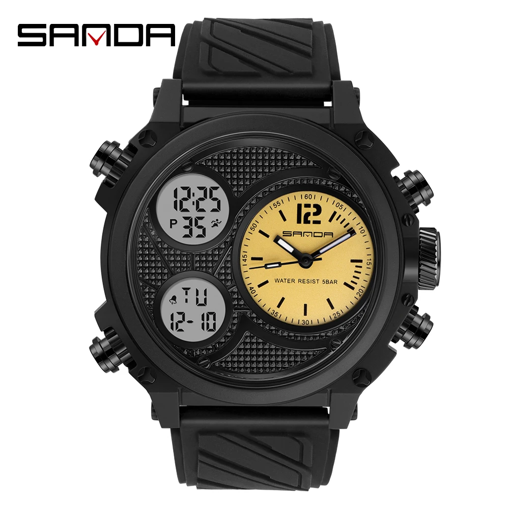 SANDA New Sports Watch Male Outdoor Luminous Waterproof GMT Dual Time Display Chronograph Week Calendar Electronic Watches 3001 