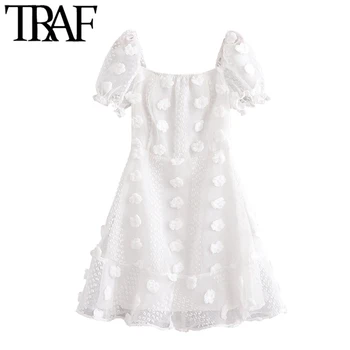 

TRAF Women Sweet Fashion Polka Dot With Lining Mini Dress Vintage See Through Puff Sleeve Female Dresses Vestidos Mujer