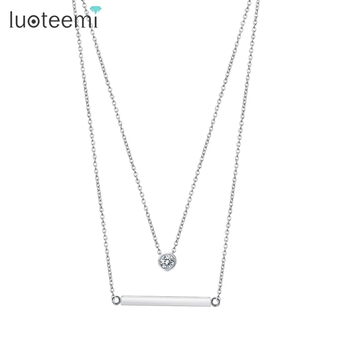 LUOTEEMI Fashion Double Multiple Layer Necklace for Women White Silver