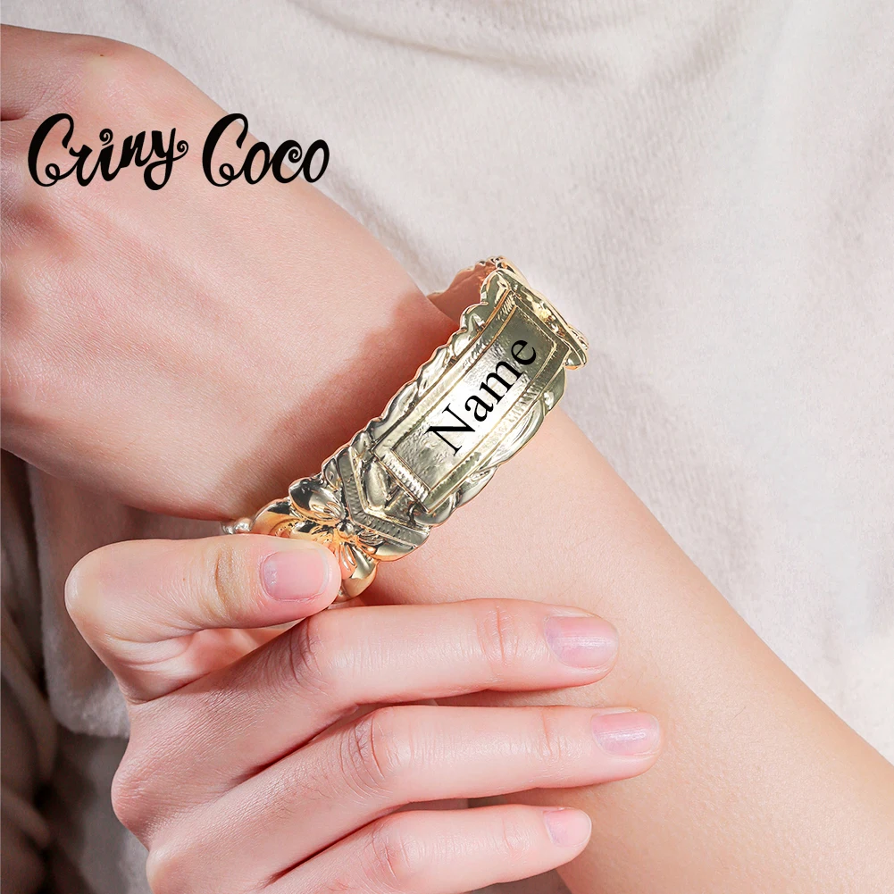 

Cring Coco, гавайский браслет с именем на заказ, Женский широкий браслет с цветком плюмерии, персонализированные полинезийские ювелирные изделия для бабушки и мамы