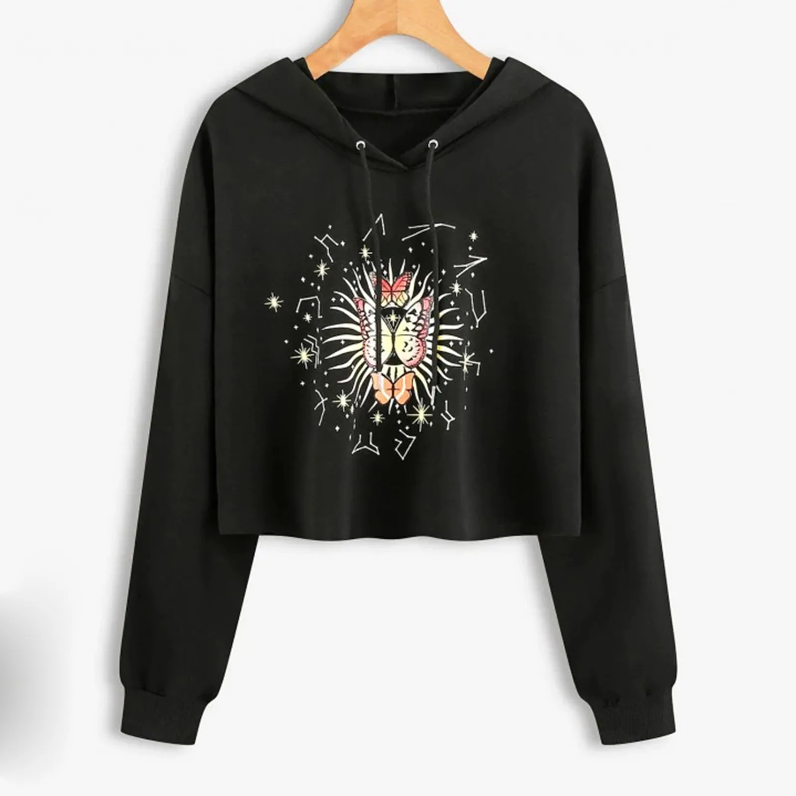 Women's Hooded Sweatshirts Autumn Cartoon Print Long Sleeve Short Pullover Top Casual Loose Xl Women's Clothing Streetwear#fs 1