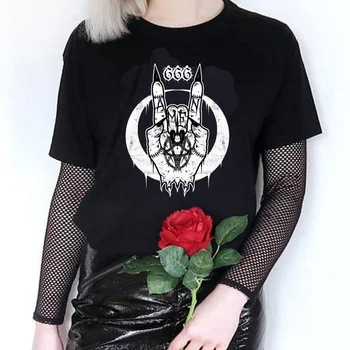 

HAHAYULE-JBH Amen 666 Devils Hands Funny Printed T Shirt Man Women Short Sleeve Cotton O-Neck Tees Street Style Goth Tee Shirts