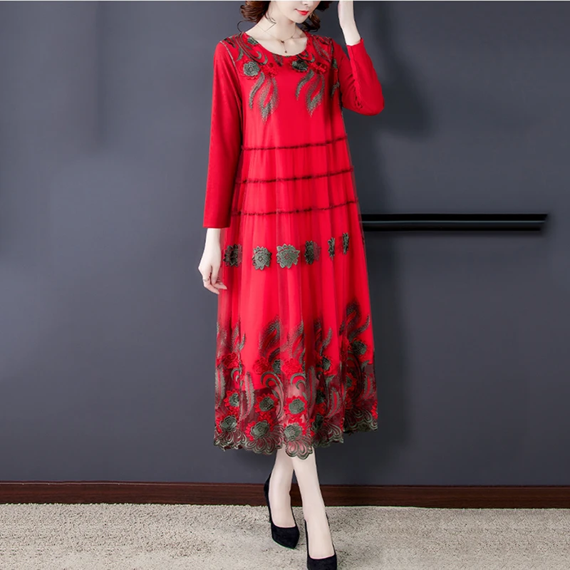 

2023 High Quality Floral Mesh Embroidery Mesh Dress Spring Vintage Black 5XL Plus Size Dress Elegant Women Bodycon Party Dress