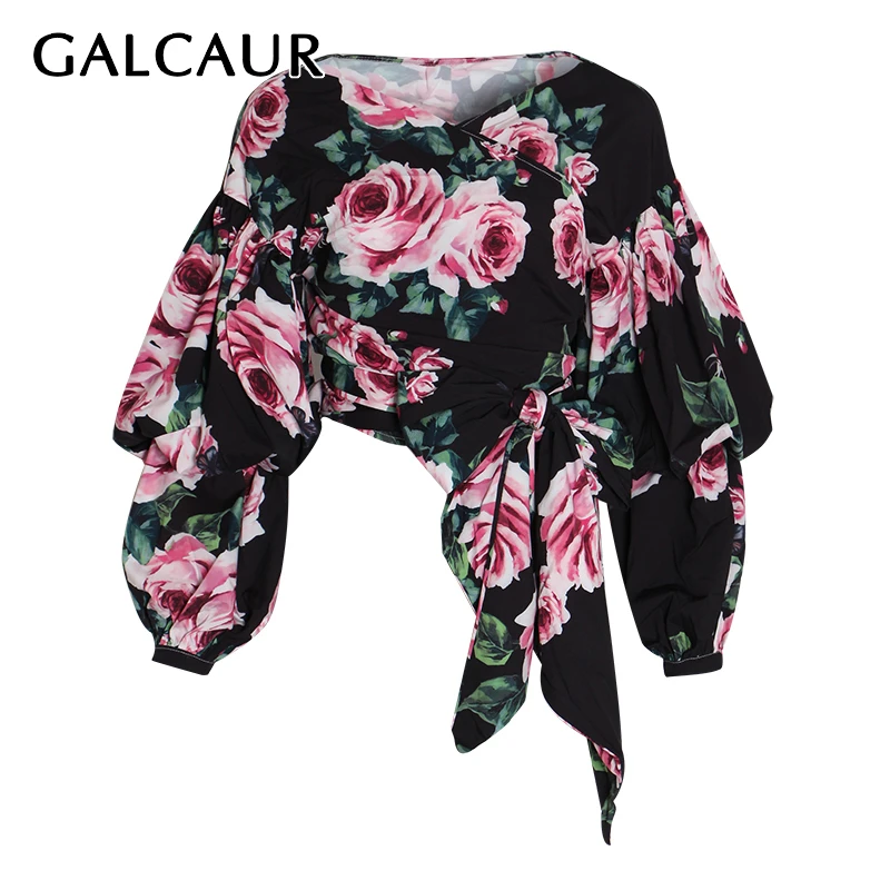 

GALCAUR Vintage Bowknot Print Floral Women's Blouse V Neck Lantern Long Sleeve Lace Up Shirts Female Autumn Fashion New 2019