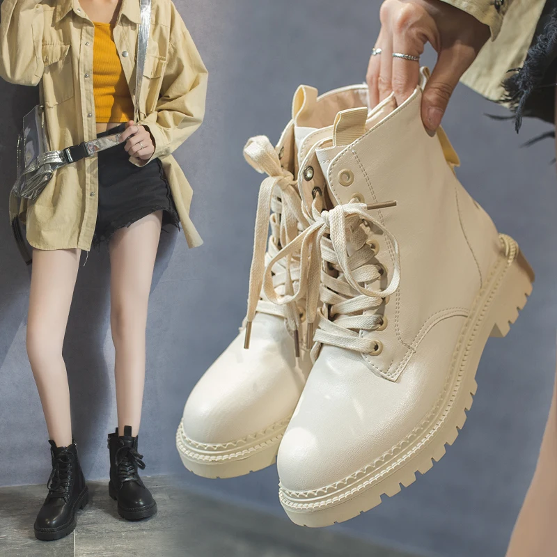 

Occident Fashion Martin Boots Women 2019 Autumn New Square Heel Lace-up Ankle Boots Retro Motorcycle Booties British Style