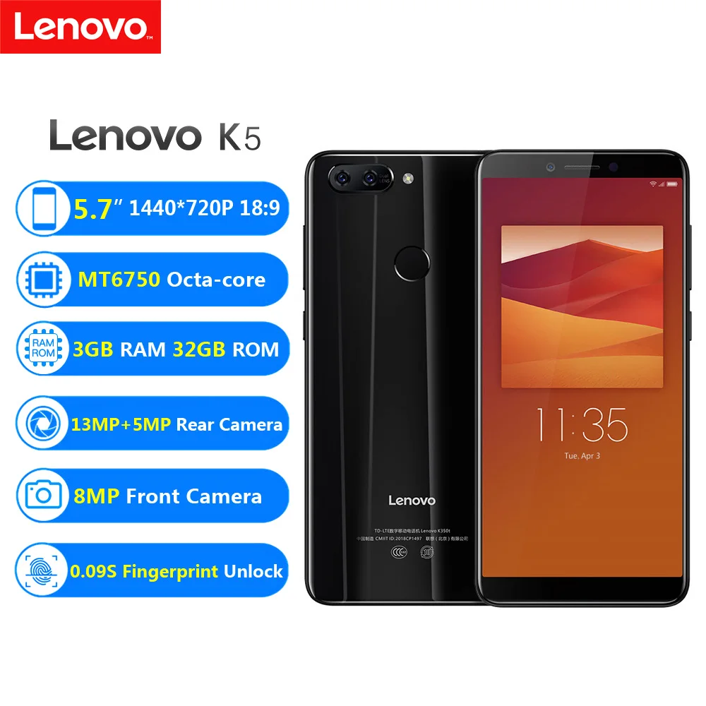 Мобильный телефон lenovo K5 4G 5,7 дюймов HD+ 18:9 дисплей MT6750 8-ядерный 3 ГБ 32 ГБ 3000 мАч 13 МП+ 5 Мп задняя камера 8 Мп Передняя камера отпечаток пальца